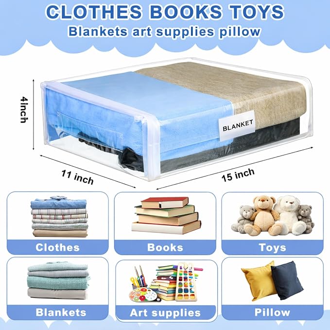 Kenning 20 Pcs Clear Zippered Storage Bags for Sheet Plastic Sweater Bag with Handle and Label Pocket Vinyl Stackable Closet Organizer Moving Bag for Bed Blanket Clothes Pillow(White,11 x 15 x 4 Inch) - Image 2