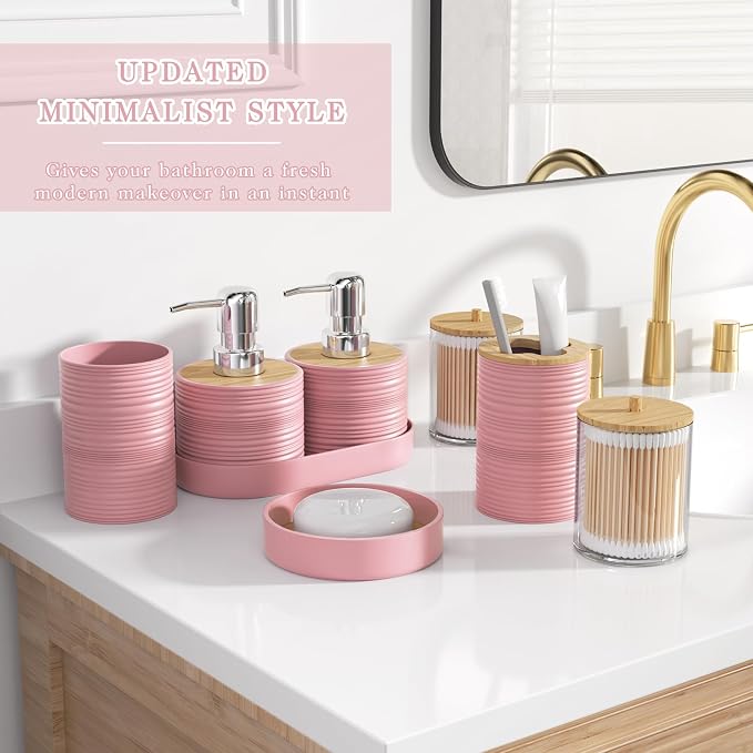 XLHOMO Pink Bathroom Set - 10PC Bathroom Accessories Set, Luxury Bathroom Accessory Set with Trash Can,Toilet Brush & 2 PC Soap Dispensers for Apartment Decor and Housewarming - Image 3