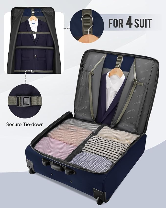 MATEIN Rolling Garment Bags for Travel, Large 2-Wheeled Suit Carrier, Blue | Foldable Travel Suit Bag with Wheels, 2 Packing Cubes, Check-in Suitcase Luggage, For Business Trips, Fits 17.3 Inch Laptop - Image 2