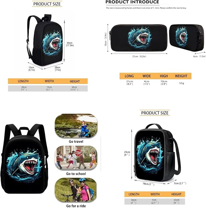 Mumeson 3PCS 17 Inch Kids Backpack with Lunch Box,Shark Lightweight Travel School Backpack,Back to School Boys Girls Laptop Bags - Image 5