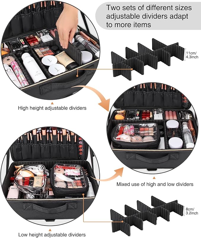 Relavel Extra Large Makeup Case Travel Makeup Bag Professional Leather Artist Bag Portable Cosmetic Brush Holder Organizer Nail Organizer Box with Adjustable Dividers - Image 2