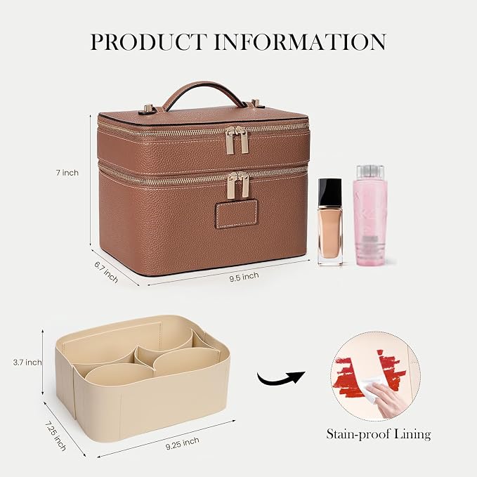 HiTotes Large Makeup Bag Duo Vanity Case for Women Leather Makeup Case Travel Toiletry Bag Portable Double Layer Cosmetic Bag - Image 4