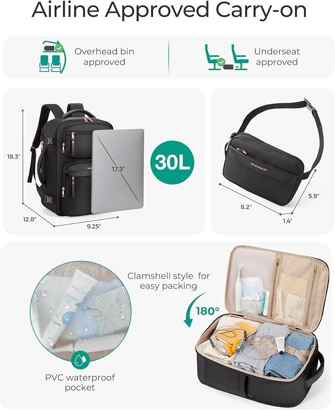 BAGSMART Womens Backpack Carry On Flight Approved, Travel Backpack for Women with Waist Bag,Traveling Lightweight Weekender Casual Daypack 17.3" Laptop Work Back pack Personal Item Bag,Champagne - Image 3