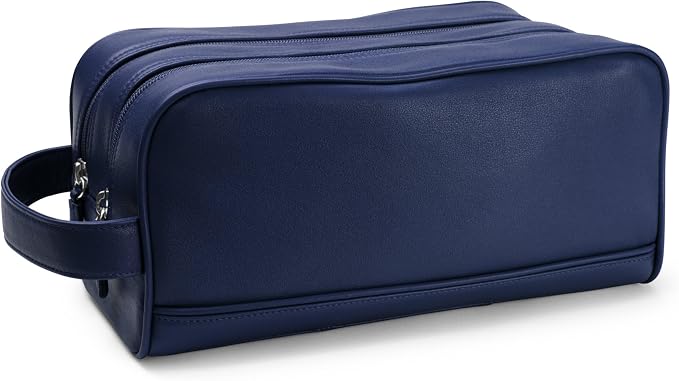 Leatherology Navy Blue Double Zip Toiletry Bag – Full-Grain Leather Men's Dopp Kit with Dual Compartments, Water-Resistant Lining & Top-Stitched Handle - Image 2