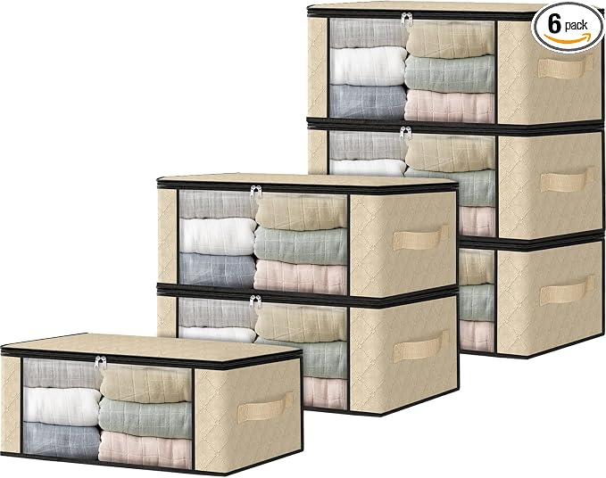 HomeHacks Storage 6-Pack Clothes Organizer Storage Bags Foldable Storage Box with Large Clear Window Sturdy Handles for Closet, Dorm, Pillows, Bedding, Clothes, Blankets, 35L, Beige by HomeHacks