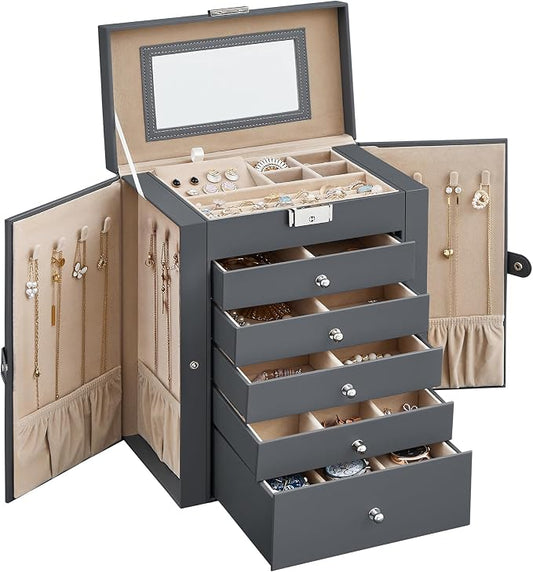 SONGMICS 6-Layer Jewelry Box Organizer with 5 Drawers, Jewelry Storage Case with Lock and Mirror, Large Storage Capacity, Gift for Loved Ones, for Necklaces, Watches, Gray UJBC152G01 by Unknown