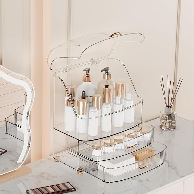 Makeup Organizer Countertop Vanity with Transparent Lid Drawers Waterproof Dustproof Cosmetic Skincare Bathroom Storage Gift for Women Teens Girls (Clear Whtie) - Image 3