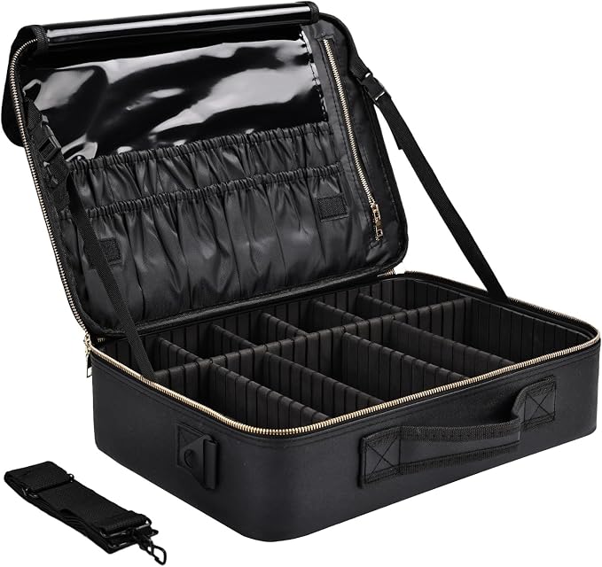 Large Travel Makeup Case, Professional Makeup Train Case Organizer, Portable Cosmetic Brush Bag Holder Waterproof Makeup Artist Storage Box with Adjustable Dividers and Shoulder Strap, Leather Black by Greenfeather