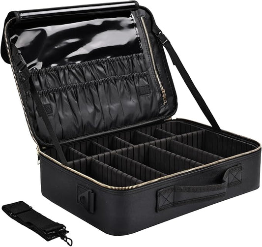 Large Travel Makeup Case, Professional Makeup Train Case Organizer, Portable Cosmetic Brush Bag Holder Waterproof Makeup Artist Storage Box with Adjustable Dividers and Shoulder Strap, Leather Black by Greenfeather