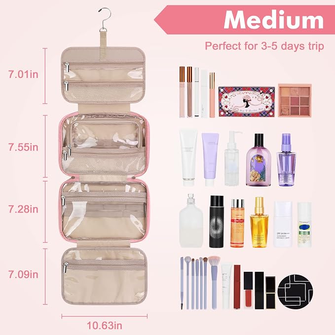 Wedama Toiletry Bag for Women, Medium Cosmetic Travel Bag, Hanging Toiletry Bag for Bathroom, Thickened PVC Waterproof Makeup Bag, Toiletries Bag for Travel Business Trips and Camping, Pink - Image 2