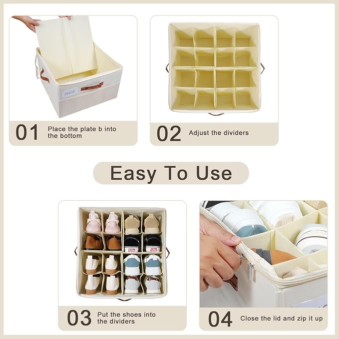 Shoe Organizer for Closet, Shoe Storage Box, Foldable Shoe Box with Adjustable Dividers and Clear Cover, Closet Shoe Organizer Fits up to 16-32 Pairs, Extra Storage Pocket for Socks (2 Pack) - Image 7
