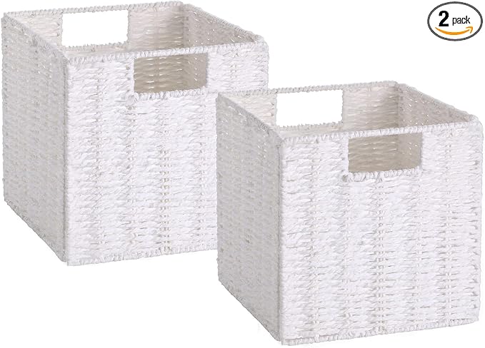 Vagusicc Wicker Storage Basket, Set of 2 Hand-Woven Storage Baskets for Organizing, White Foldable Cube Storage Bins Organizer, 9 x 9 Inch Square Wicker Storage Baskets for Shelves Pantry Decor by Vagusicc