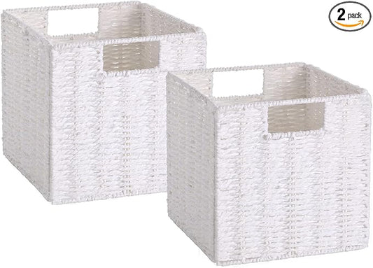 Vagusicc Wicker Storage Basket, Set of 2 Hand-Woven Storage Baskets for Organizing, White Foldable Cube Storage Bins Organizer, 9 x 9 Inch Square Wicker Storage Baskets for Shelves Pantry Decor by Vagusicc