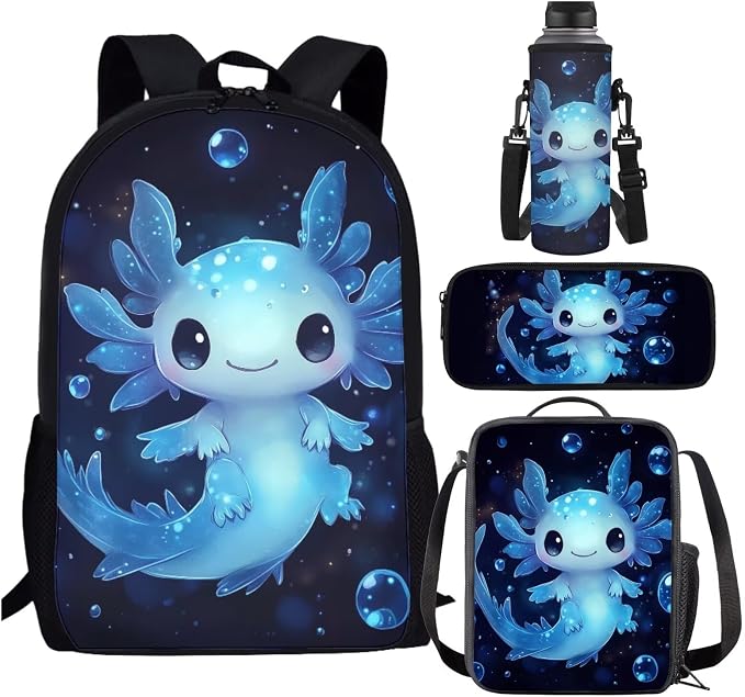 Blue Axolotl Backpack for School Girls 2nd Grade with Lunch Box Preppy Elementary Bookbag and Lunchbox Set 4PCS Cute Back Pack Lunch Bag Pencil Case Watter Bottle Holder Book Bags Kids 6-8 by SCRAWLGODDreamWardrobe