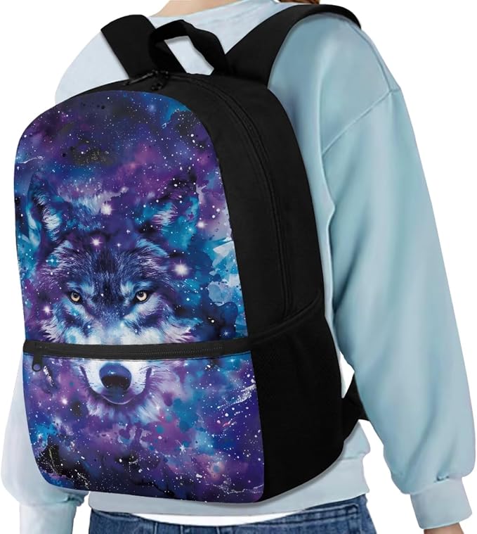 Galaxy Wolf Backpack for Girls Kids Backpack with Lunch Box Water Bottle Carrier with Strap and Soft Pencil Case 4PCS Set Bookbag with Front Pocket for School 17 inch Large Capacity School Bag - Image 2