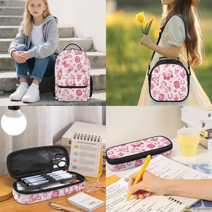 Cute Cowgirl Backpack Set for Girls, Wild West Themed 4-Piece School Bag with Lunch Box, Western Country Girl Bookbag for Elementary School, Cowboy Style Kids Bag - Image 2