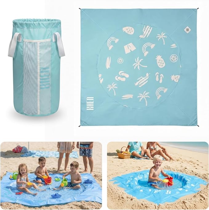 2-in-1 Kids, Baby & Infants Beach Pool & Waterproof Picnic Blanket - Large 6.5' Portable Paddling, Pool & Play Mat & Waterproof Carrying Bag, Outdoor Summer, Toddle Child & Kid, Aquamarine Blue Dream by Khen