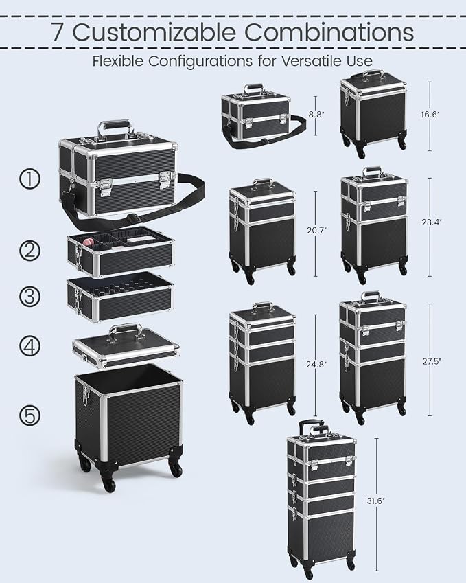 Yaheetech 5 in 1 Rolling Makeup Train Case, Lockable Black Cosmetology Cart | Extra large aluminum-trimmed nail storage cart with detachable tiers, a lipstick organizer, shoulder strap and smooth wheels - Image 3