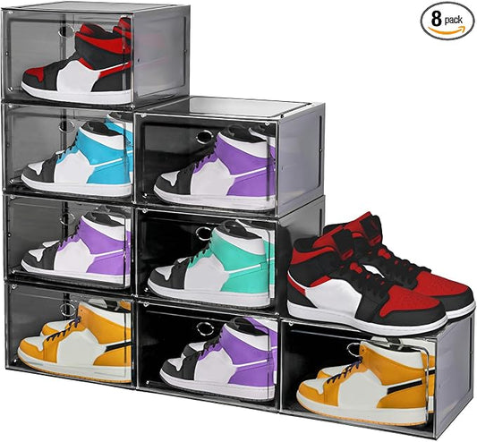 Large Shoe Boxes Clear Plastic Stackable, 8 Pack Drop Side Shoe Storage Organizer with Magnetic Door, Shoe Container Sneaker Storage Display Case Fit up to US Size 13 Black by YukuiLLc