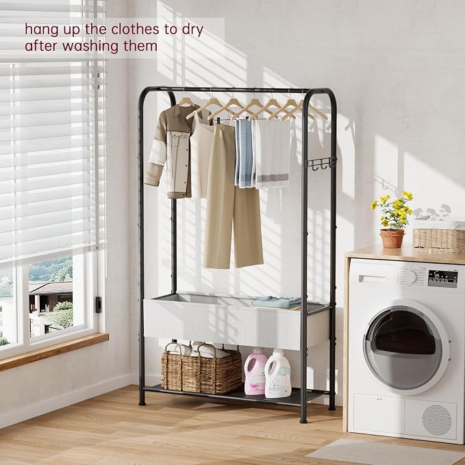 SINGAYE Wardrobe Standing Closet Clothing Rack With Shelf Hanging Clothes | Wardrobe Open Compact Small Metal Garment Hanger Stand Alone Free Standing Black Closet Rack Storage Organizer Heavy Duty - Image 2