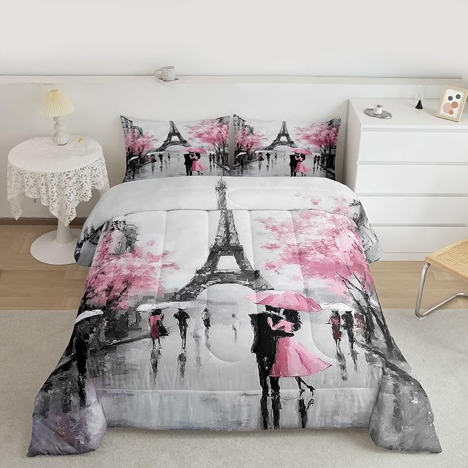 Paris Comforter Set French Eiffel Tower Bedding Sets King For Girls Kids Women Paris Themed Bedroom Decor Watercolor Cherry Blossoms Couple Comforter Retro Valentine Quilt Duvet Pink Grey 3 Pcs - Image 2