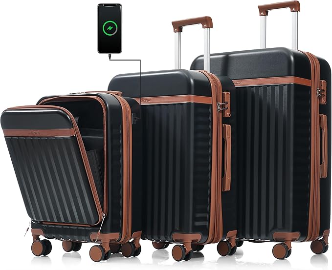 Hardshell Luggage, Lightweight Suitcase with Spinner Wheels, BLACK+USB by Merax