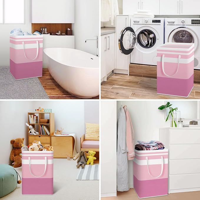 HomeHacks 2 Pack Large Laundry Baskets, Waterproof, Freestanding Laundry Hampers, Collapsible Clothes Hamper with Reinforced Handles in Laundry, College Dorm, Bathroom, Bedroom (Grey+Pink, 75Lx2) - Image 6