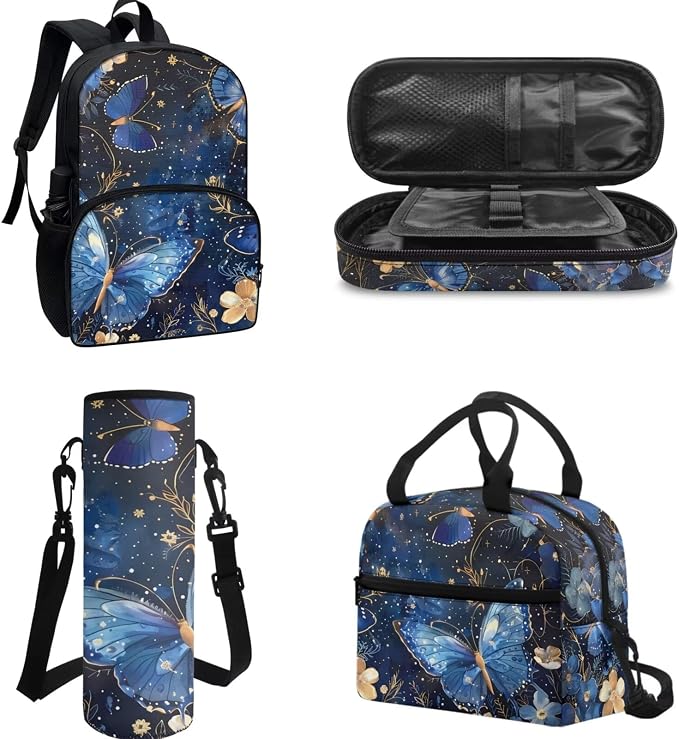 4Pcs Children School Backpack Set Girl's Butterfly Schoolbag Sets Big Capacity Bookbag with Lunch Box Pencil Case Water Carrier Pouch for Primary,Kindergarten - Image 2