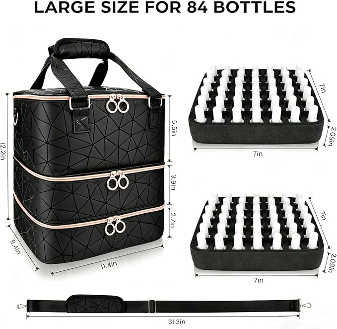 Nail Polish Organizer Bag Holds 84 Bottles & Nail Lamp, 3 Layers Nail Kit Storage Carrying Case Pu Leather, Large Nail Supplies Organizer With Shoulder Strap, Portable Travel Nail Bag For Nail Tech - Image 4