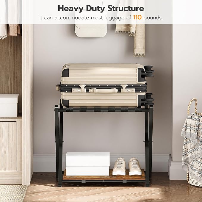 HOOBRO Folding Luggage Rack, Suitcase Stand Holder with Wooden Storage Shelf, Holds up to 110 lb, 27.2 x 15.7 x 24 Inches, for Guest Room, Bedroom, Closet, Hotel, Rustic Brown and Black BF68XL01G1 - Image 4