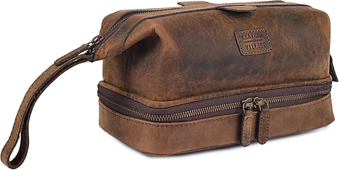 LEATHER VILLAGE Genuine Leather Dopp Kit – Large Travel Toiletry Bag with Waterproof Lining, Dual-Zip Design for Men & Women, Organizer for Shaving, Makeup & Essentials - Rustic Brown by LeatherVillage