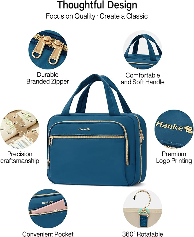 Hanke Hanging Travel Toiletry Bag for Women, Water-Resistant Makeup Organizer with Hook, Cosmetic Bag for Bathroom & Travel Essentials Accessories, Navy Blue - Image 8