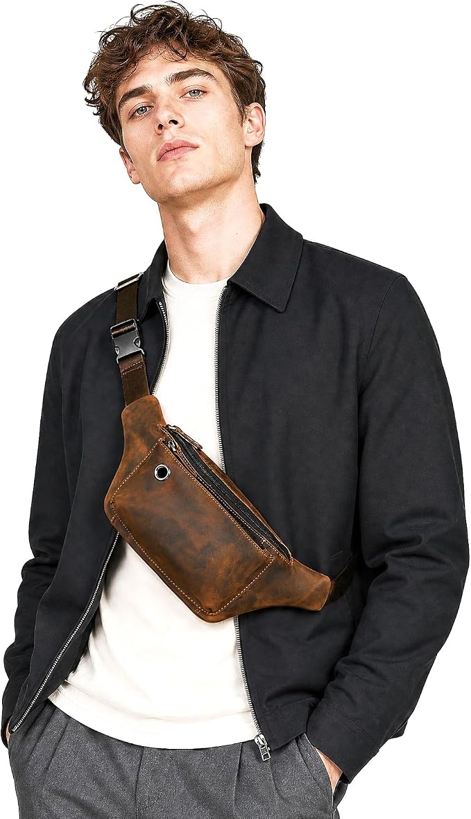 Water Resistant Canvas + Leather Hiking Riding Travel Fanny Waist Pack Small Phone Pouch For Men Women FB811-29 (W-8138-Brown) - Image 9