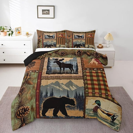 Erosebridal Happy Camping Comforter Set for Cabin Lodge Southwest Hunting Animal Bedding Set Tribal Camper Themed Comforter Sets Farmhouse Hunting Bear Moose Duvet Insert with 2 Pillow Shams,King by Erosebridal