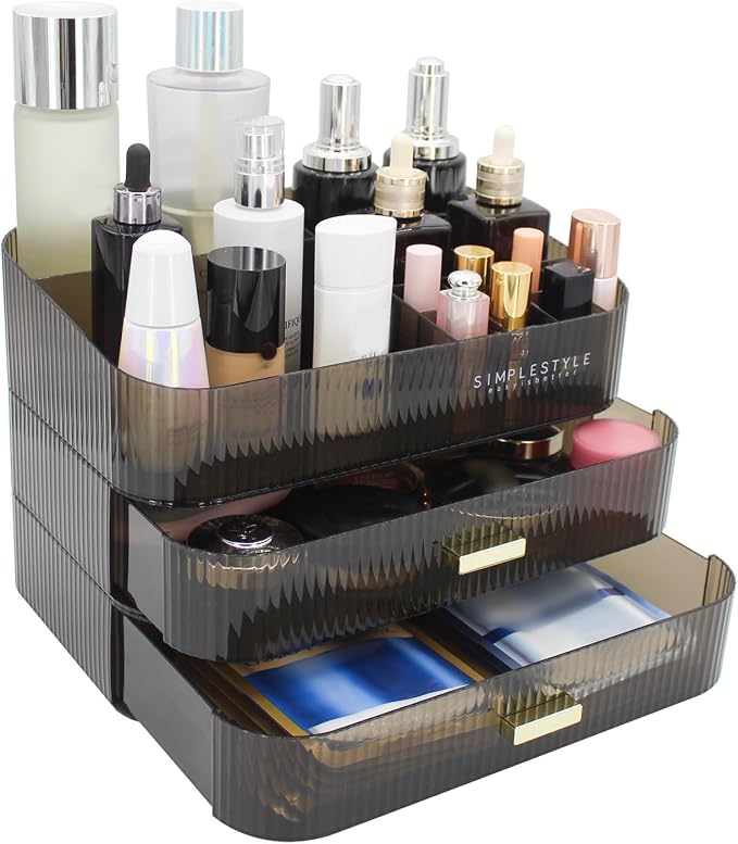 Makeup Organizer with 2 Drawers, Cosmetics Organizer for Bedroom and Bathroom Vanity Countertops, Large Capacity Cosmetic Storage Box for Skincare Cream Perfume Lipstick Dresser Counter-Black by JONKASIPA