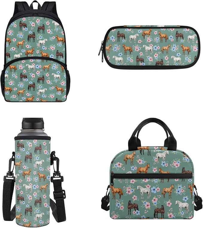 POLERO Girls Horse Backpacks Floral School Bags Set with Lunch Box Preschool Kindergarten Bookbag Set 4 Pack by WelcometoPOLERO