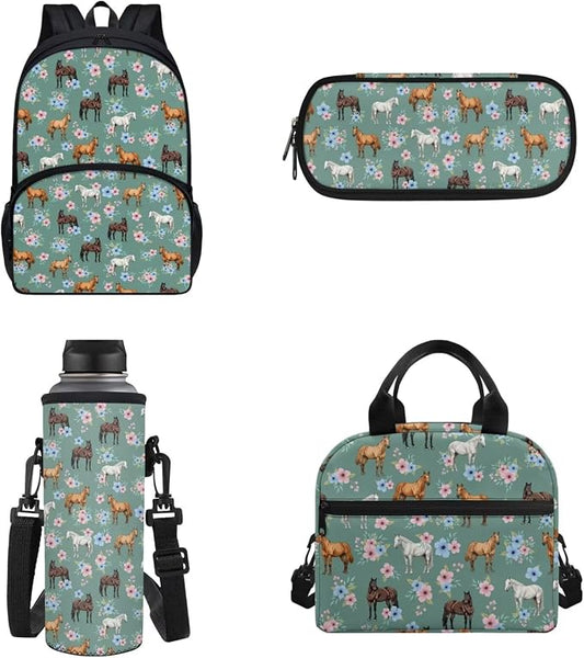 POLERO Girls Horse Backpacks Floral School Bags Set with Lunch Box Preschool Kindergarten Bookbag Set 4 Pack by WelcometoPOLERO