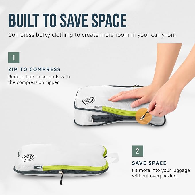 Compression Packing Cubes for Travel, 2-Piece Lightweight Packing Cubes Set for Carry-On Luggage & Backpacks – TRIPPED Travel Gear (White and Green) - Image 7