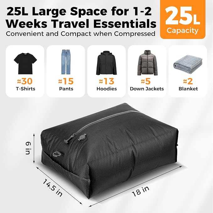 Travel Vacuum Seal Bags with Wireless Rechargeable Pump, 25L Durable Reusable Compression Packing Bags for Carry-On Suitcase & Backpack, IP67 Waterproof Space Saver Kit (2 Pack) - Image 2