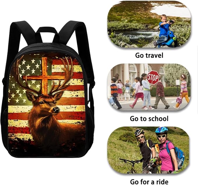 Deer American Flag Cross Backpack Set with Portable Lunch Bag and Pencil Box, Kids Lightweight School Bookbag Set for Teenager, Large Knapsack Set for Girls and Boys - Image 2