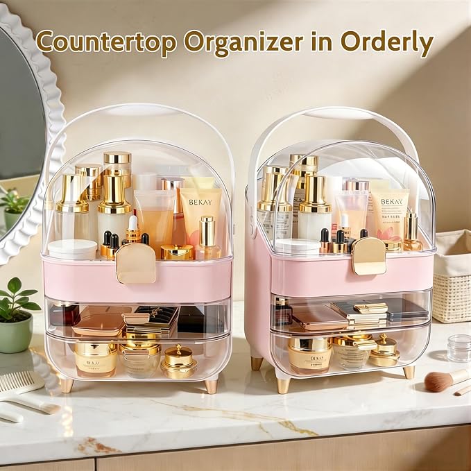 Makeup Organizer with 360 Rotating Brush Holder, Large Skincare Organizer for Vanity, Dustproof Cosmetic Display Case with 2 Drawers for Bathroom Countertop, 16" Tall Portable Beauty Storage,pink - Image 5