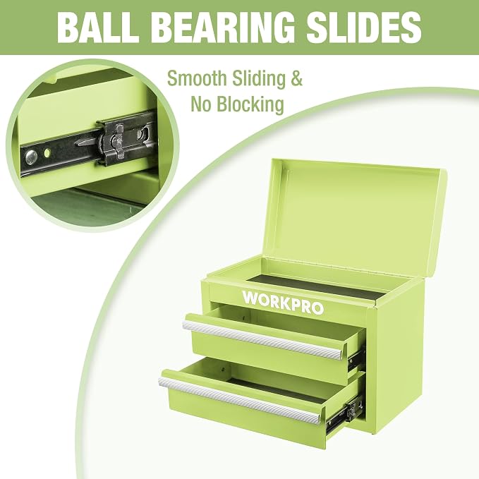 WORKPRO Metal Mini Tool Box with 2 Drawers and Top Storage | Cold Rolled Steel Toolbox, Ball Bearing Slides, PVC Drawer Liners, PP Feet Pads, Durable Storage - Image 4
