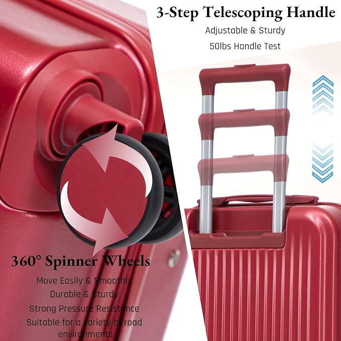 2 Pcs ABS Spinner Luggage Set - 14" Cosmetic Case & 20" Carry-On with Combination Lock, Front Opening Design, Red - Image 4