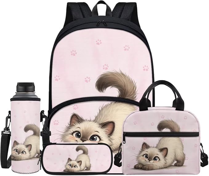 Funny Cat Backpack Set for Girls, Pink Paws School Backpack for Kids 8-12, 4 Pcs Travel Bookbag Insulated Lunch Bag Pencil Box Stationery Pouch Bag Schoolbag Daypack Knapsack Rucksack by Jndtueit