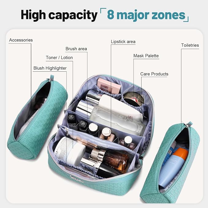 BOYATU Travel Makeup Bag Cosmetic Bags for Women: Large Capacity 3 Pcs Set Make up Bag with Compartments - Waterproof Vegan Leather Toiletry Organizer Bags with Handle (M-75Blue) - Image 4