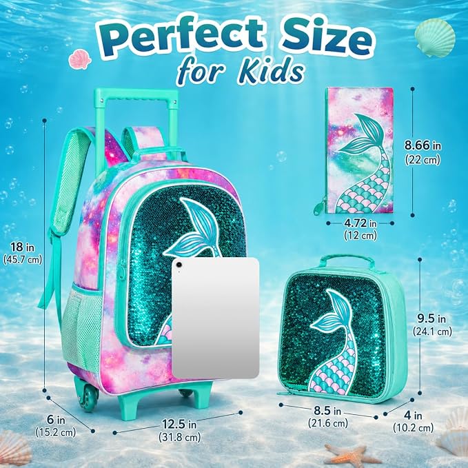 AGSDON 3PCS Rolling Backpack for Girls Boys, Kids Roller Wheels Bookbag, Wheeled School Bag with Lunch Bag - Image 5