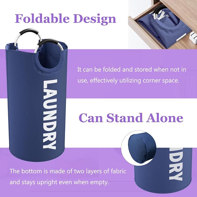 Set of 2 Large Laundry Baskets for Adult, 95L Collapsible Laundry Baskets with Aluminum Handles, Portable Dirty Clothes Hampers for Bedroom, Travel, Purple + Navy Blue - Image 6