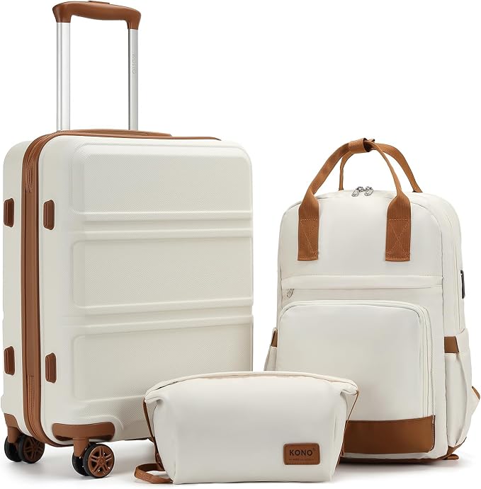 Kono Luggage Set 3 Piece Carry On Hardside Luggage with Spinner Wheels | Lightweight PC+ABS Carry On Suitcase with TSA Lock Cream White by Kono