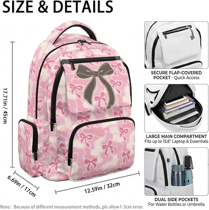 Pink Camo Bow 17 Inch Kids School Backpack Set, 4 Piece Backpack with Lunch Bag, Pencil Case and Water Bottle Holder, Lightweight School Bag for Elementary and Middle School - Image 4