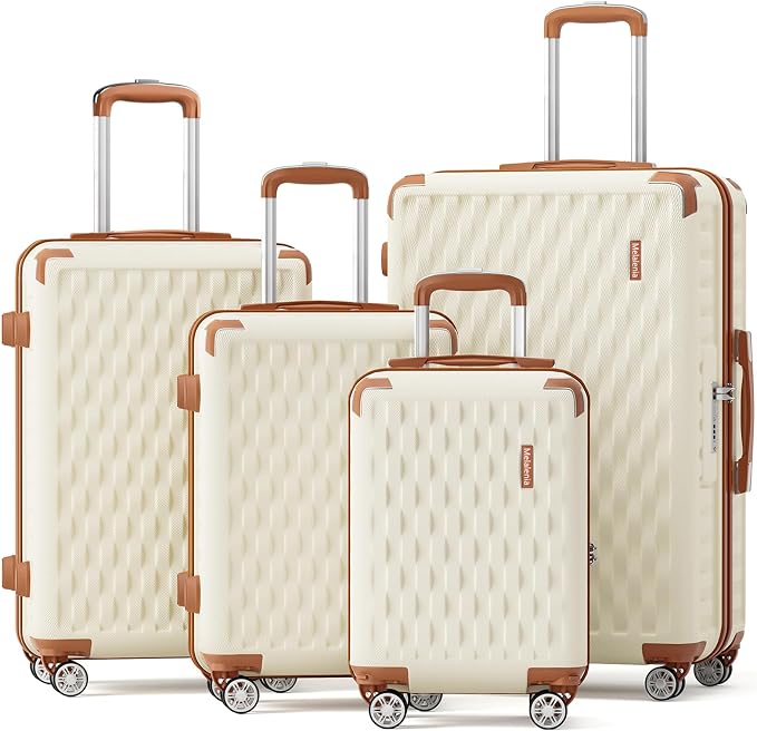 Melalenia Luggage Sets 4 Piece Hard Shell Carry on Suitcase with Spinner Wheels and TSA Lock, Lightweight Travel Duffel Bag for Women, Beige Brown by Melalenia